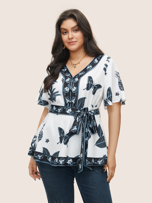 Boho Print Belted Flutters Blouse