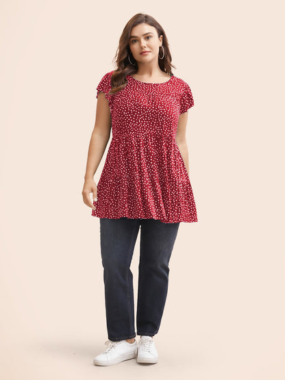 Allover Print Cap Sleeve Ruffle Hem Gathered Blouse