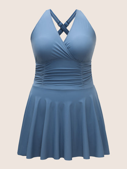Plain Overlap Collar Ruched Swim Dress