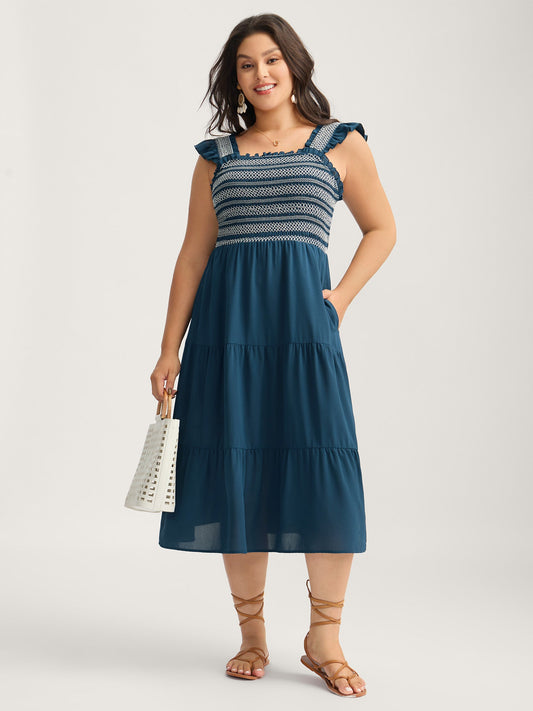 Fancy Shirred Flutter Tiered Pockets Midi Dress