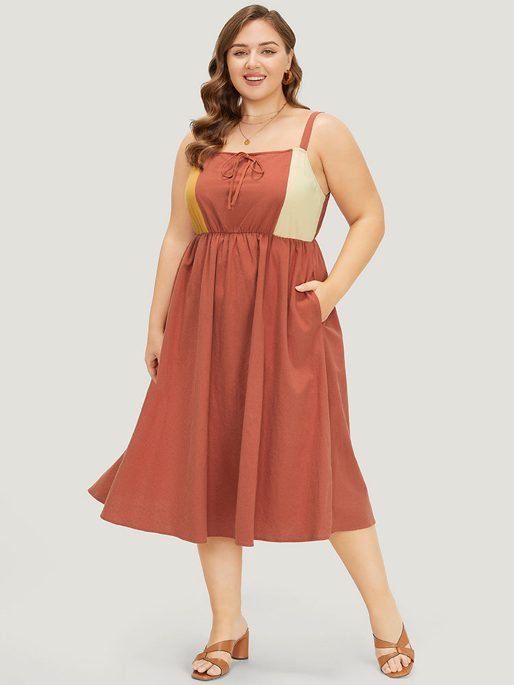 Color Block Contrast Pocket Flutter Hem Knot Cami Dress