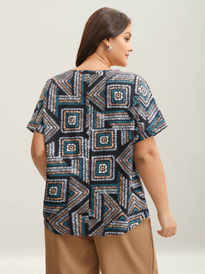 Geometric Print V-Neck Relaxed Fit Blouse