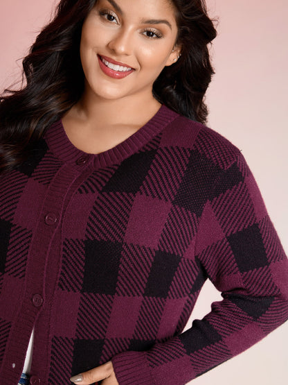 Checkered Jacquard Buttons Pockets Knit Cardigan