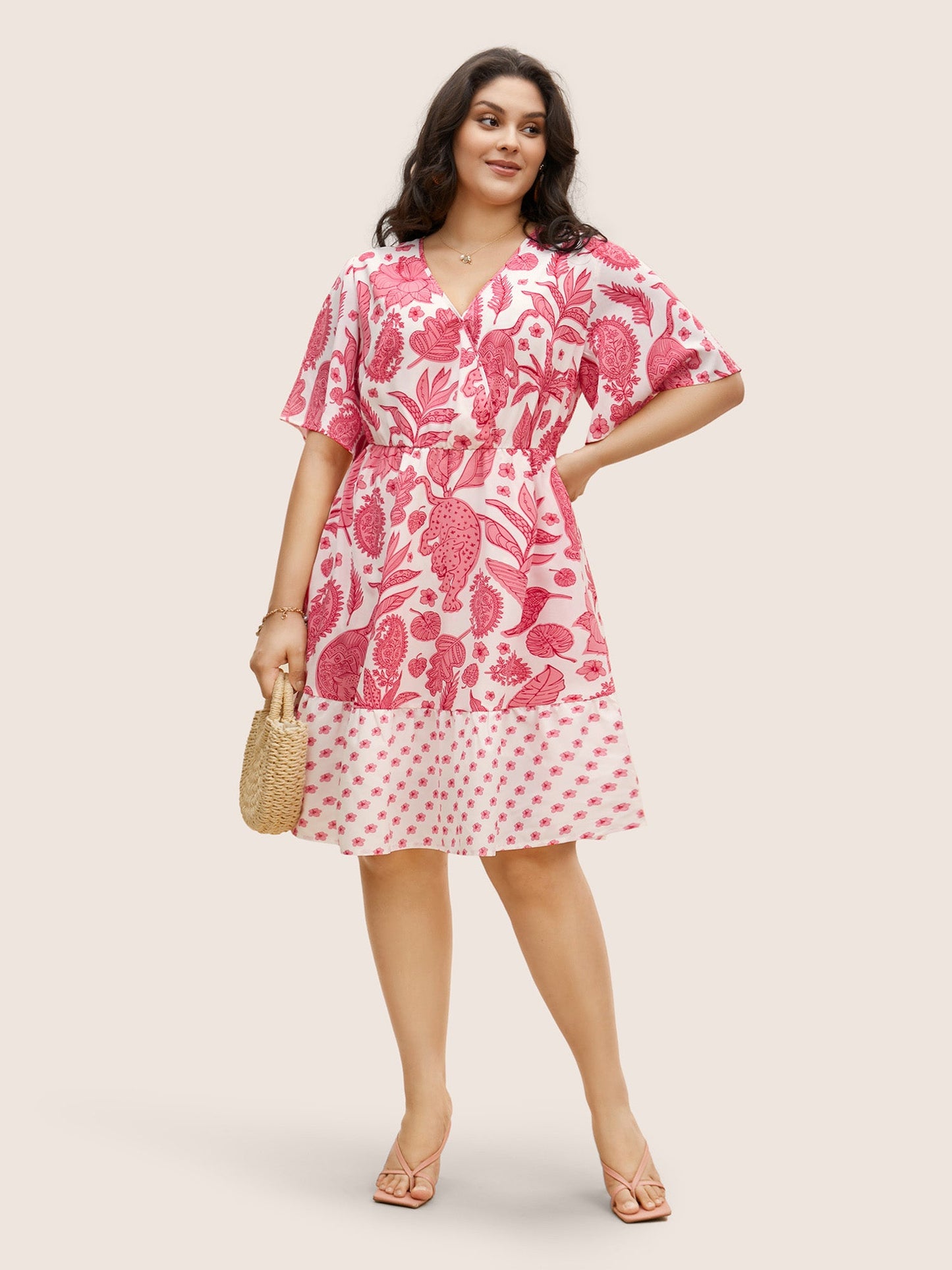 Overlap Collar Boho Print Patchwork Dress