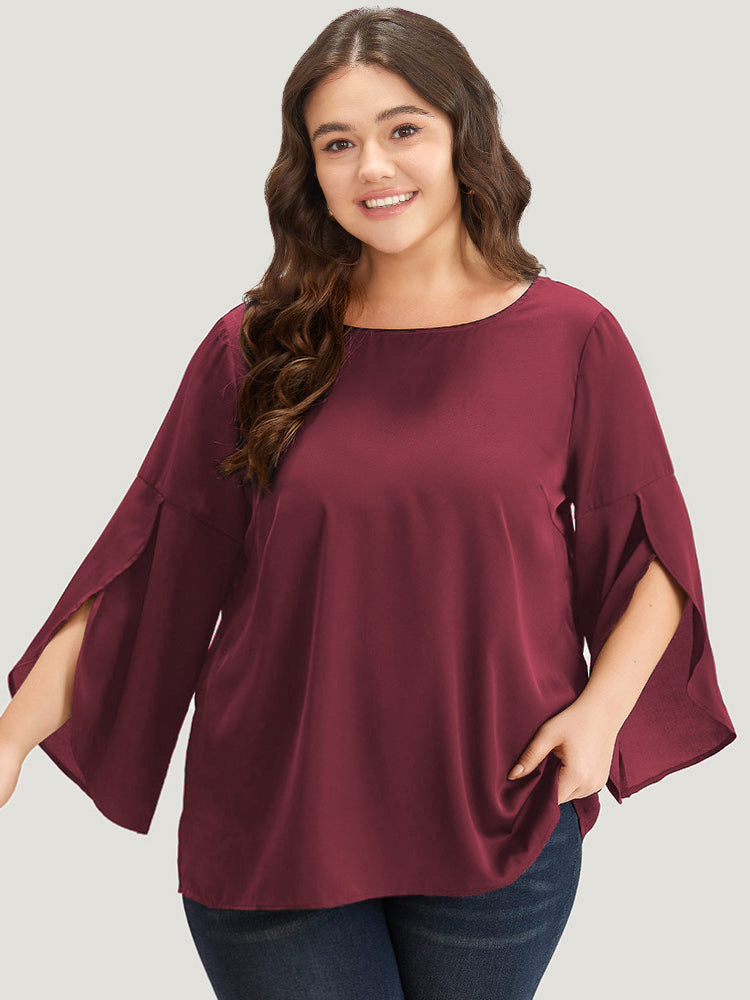 Plain Wrap Flutter Sleeve Crew Neck Blouse