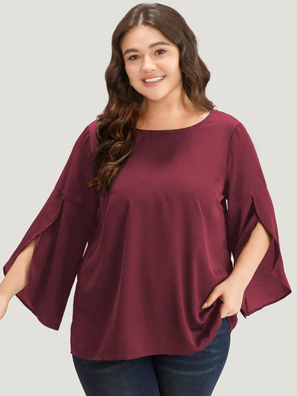 Plain Wrap Flutter Sleeve Crew Neck Blouse