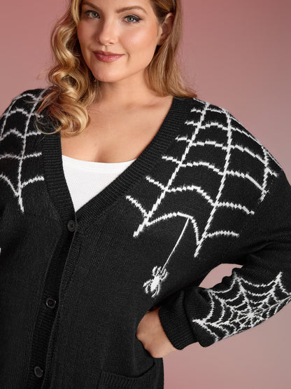 Spiderweb Jacquard Pockets Button Knit Cardigan
