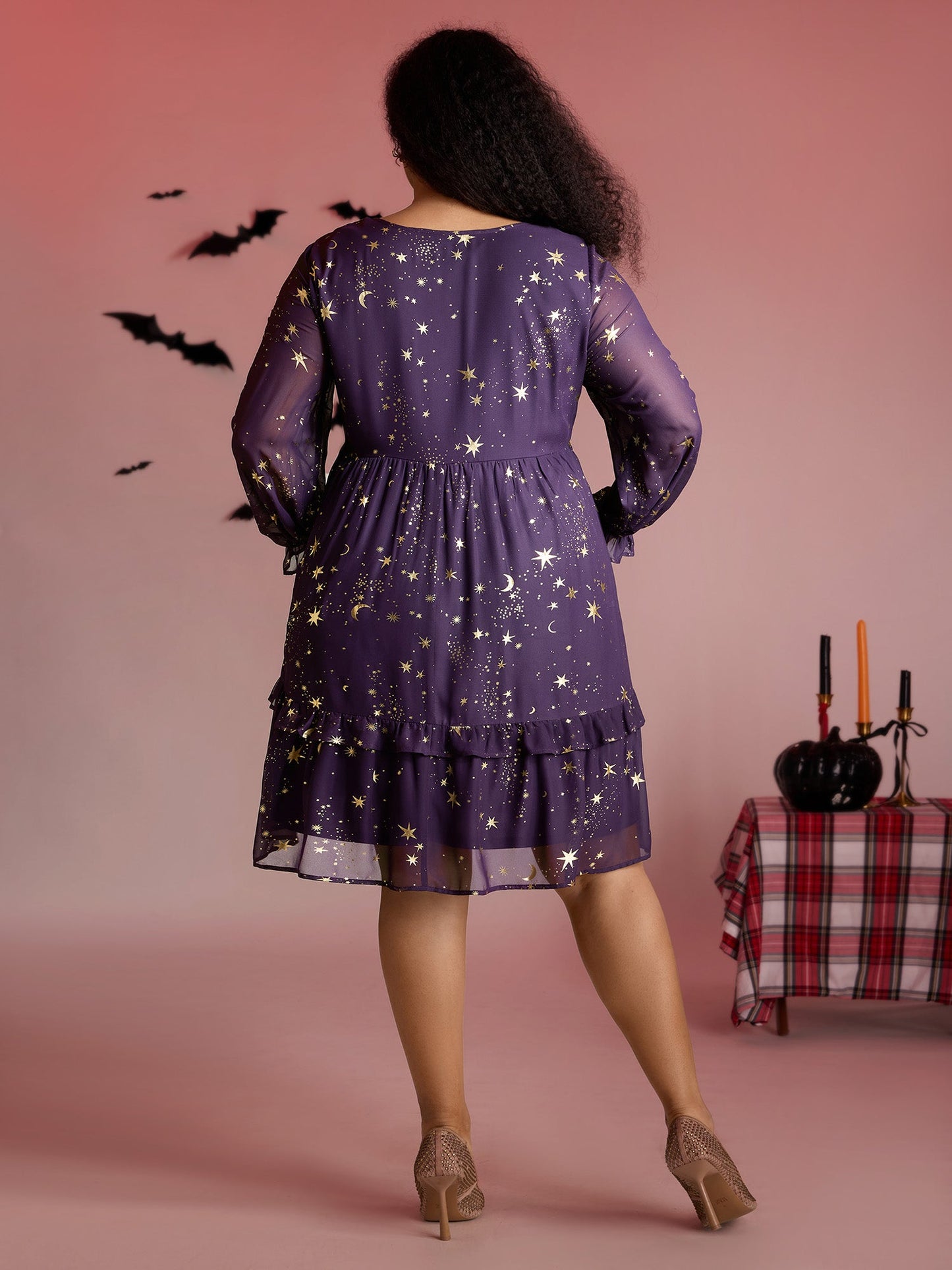 Gold Stamp Lantern Sleeve Ruffled Midi Dress