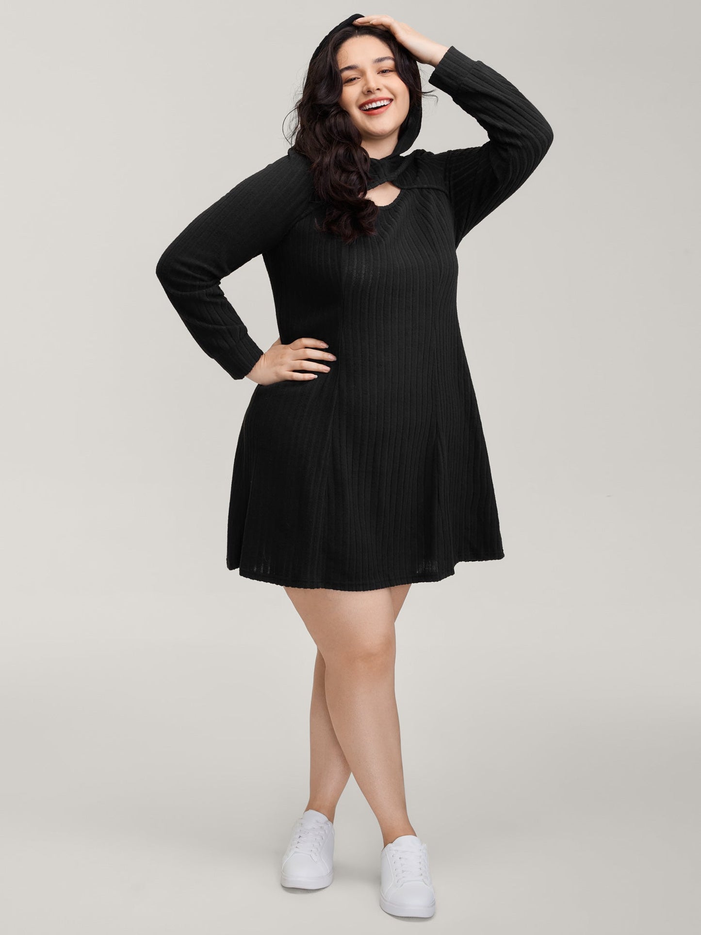 Textured Neck Cut-Out A-Line Midi Dress