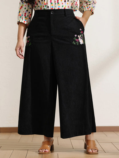 Floral Embroidery Wide-Leg Pants