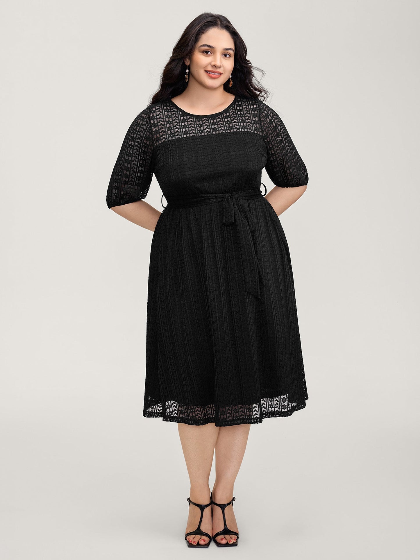 Lace Trim Sheer Stretchy Waist Midi Dress