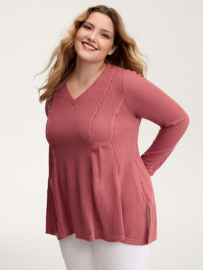 Waffle Grid Side Slit Flared T-Shirt