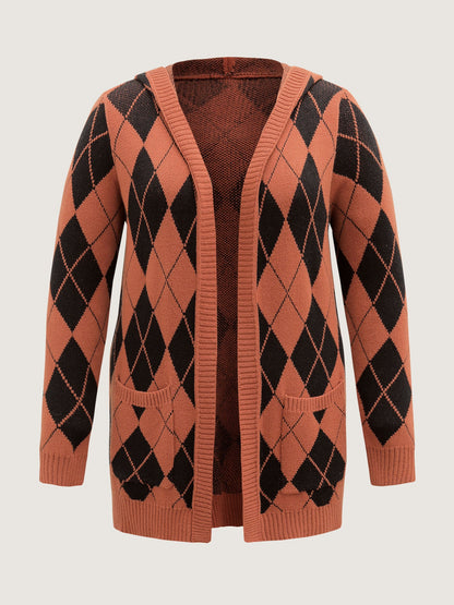 Checkered Jacquard Hooded Pockets Knit Cardigan
