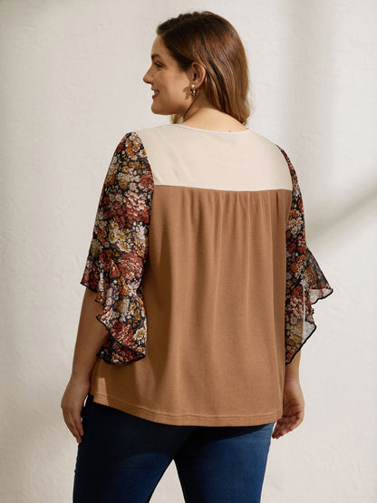 Colorblock Floral Sleeve Flowy Knit Top