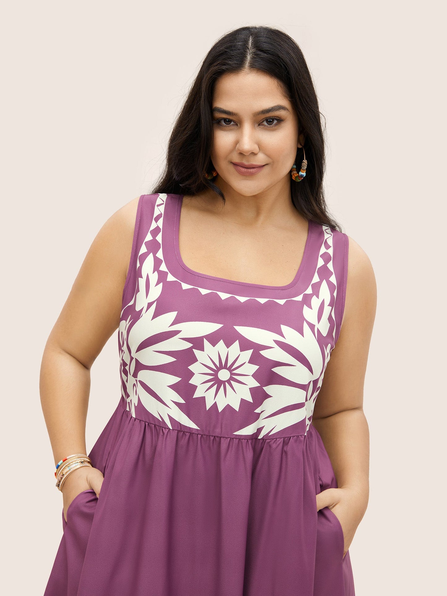 Boho Print Square Neck Elastic Waist Tank Dress