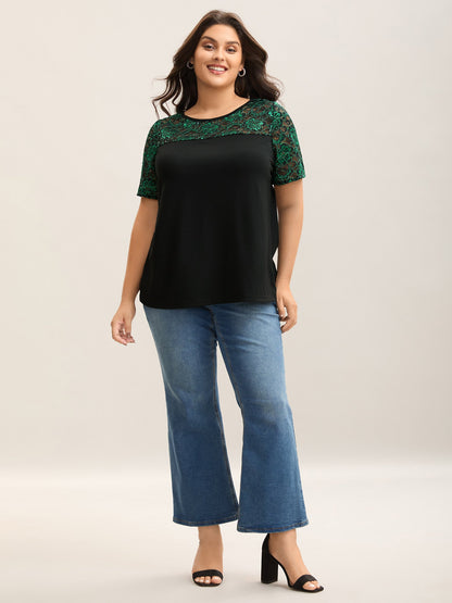 Lace Neck Sequins Color Contrast T-Shirt