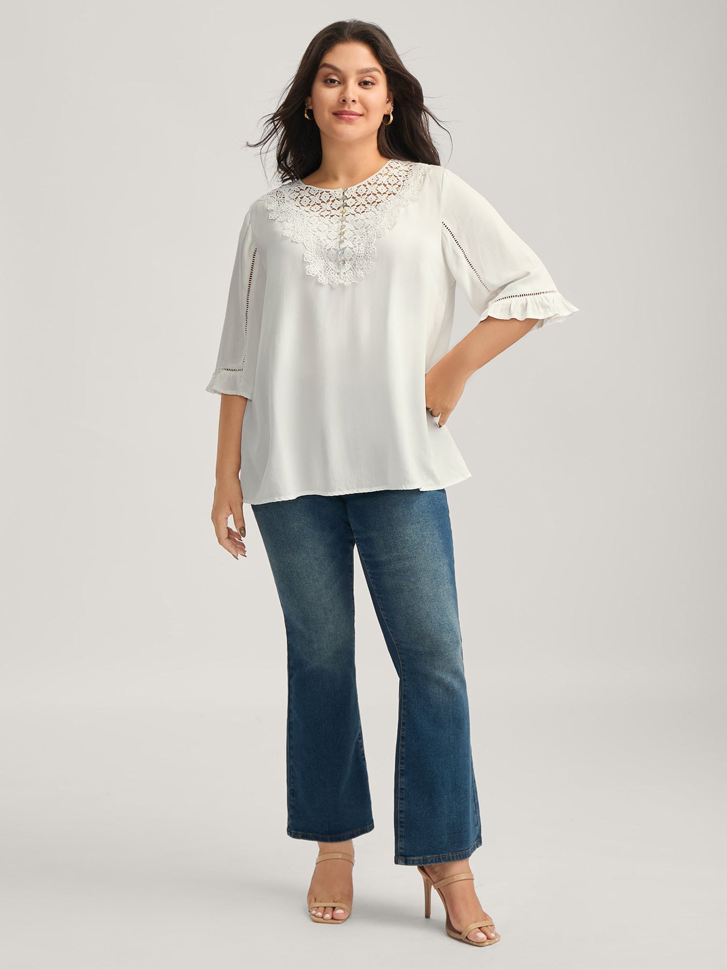 Lace Spliced Button Detail Blouse