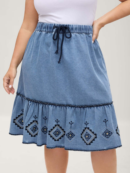 Boho Embroidery Ruffled Hem Denim Skirt