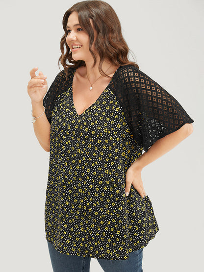 Ditsy Floral Lace Raglan Sleeve  Blouse