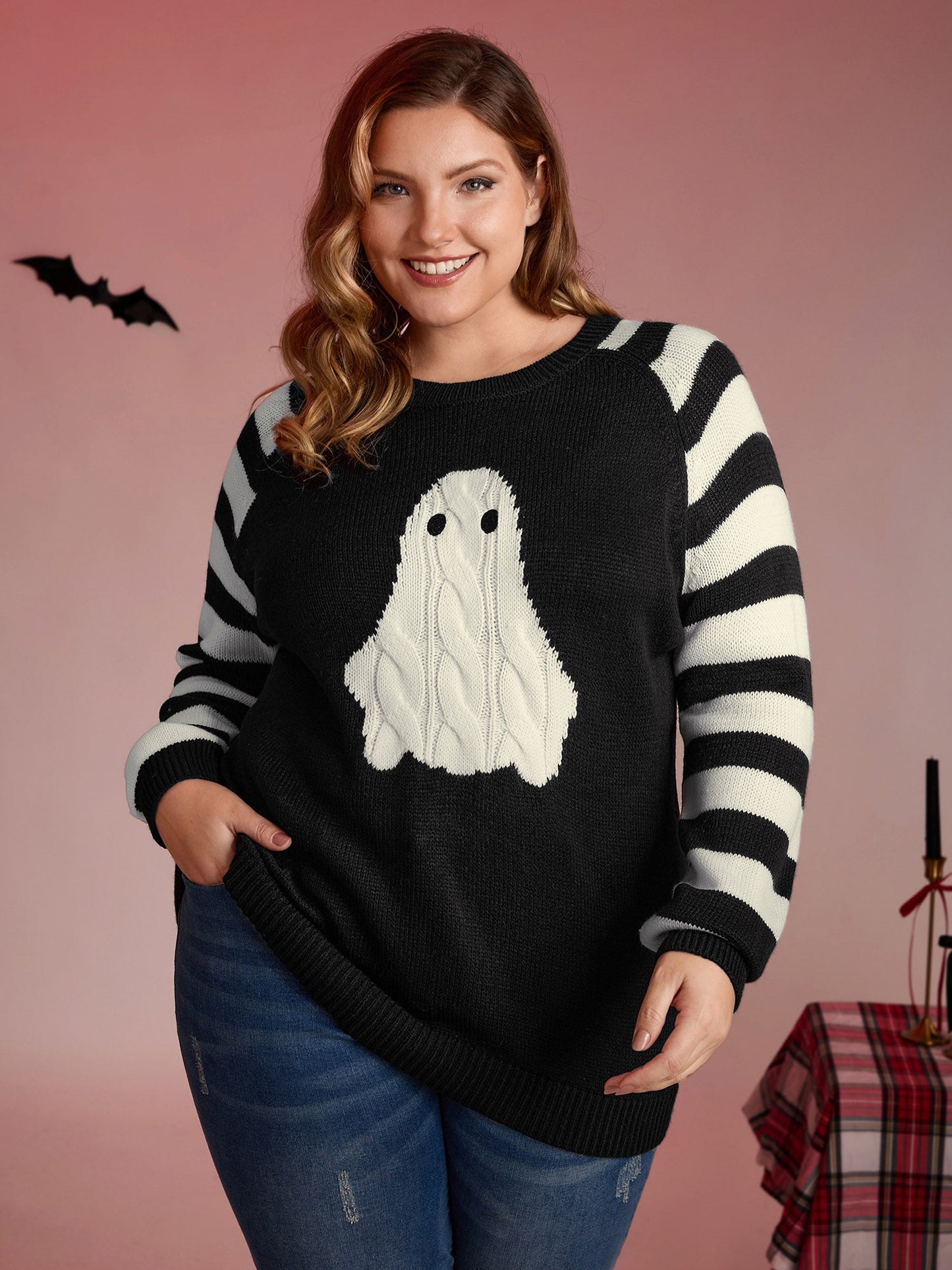 Hey Ghost Raglan Stripe Sleeve Pullover