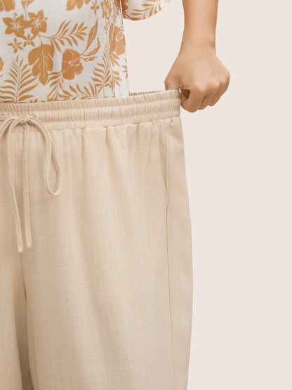Linen Blend Drawstring Mid Rise Wide Leg Pants