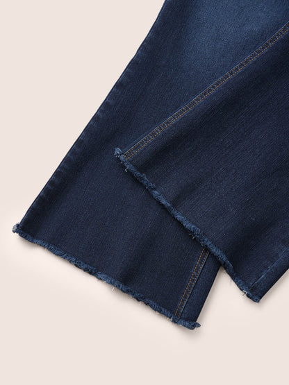 Dark Wash Frayed Hem Cropped Bootcut Jeans