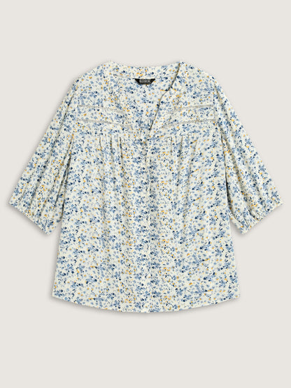 Floral Print Lace Trim Flowy Blouse