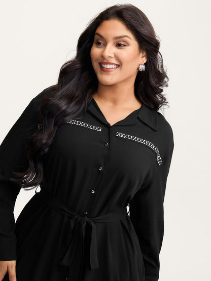 Pleated Belted Waist Midi Shirt Dress
