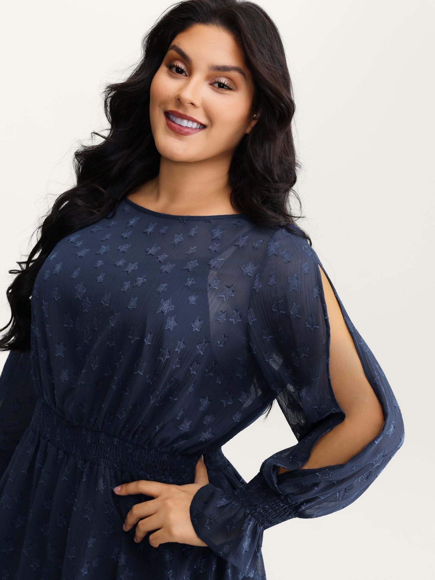Star Jacquard Print Shirred Ruffled Blouse
