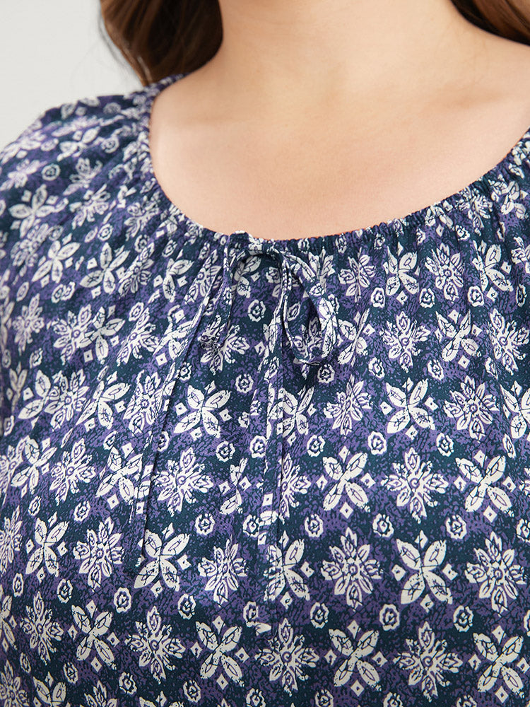 Floral Print Bell Sleeve Knotted Round Neck Blouse