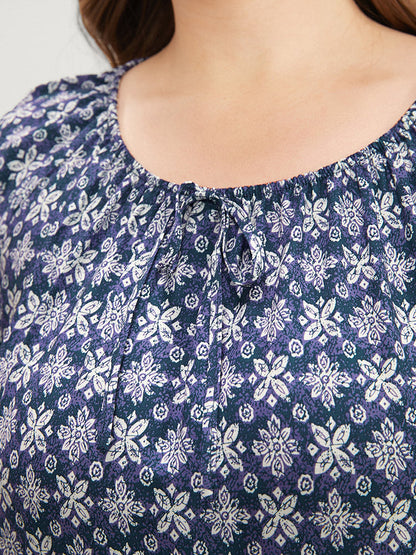 Floral Print Bell Sleeve Knotted Round Neck Blouse
