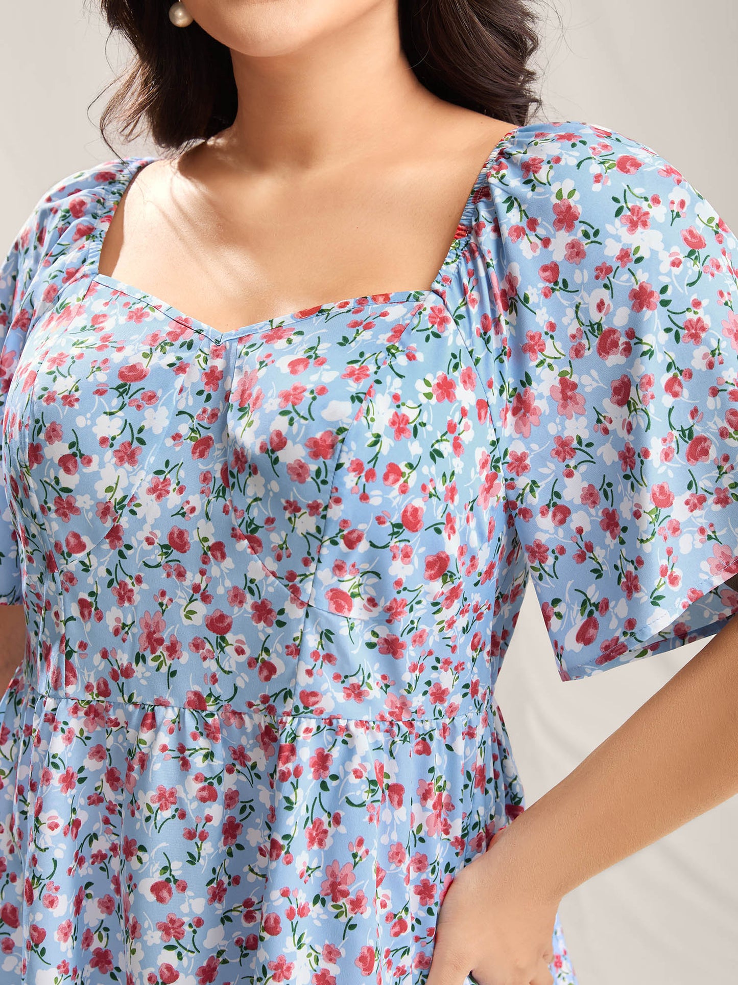 Floral Print Sweetheart Cinched-Waist Blouse