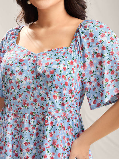 Floral Print Sweetheart Cinched-Waist Blouse