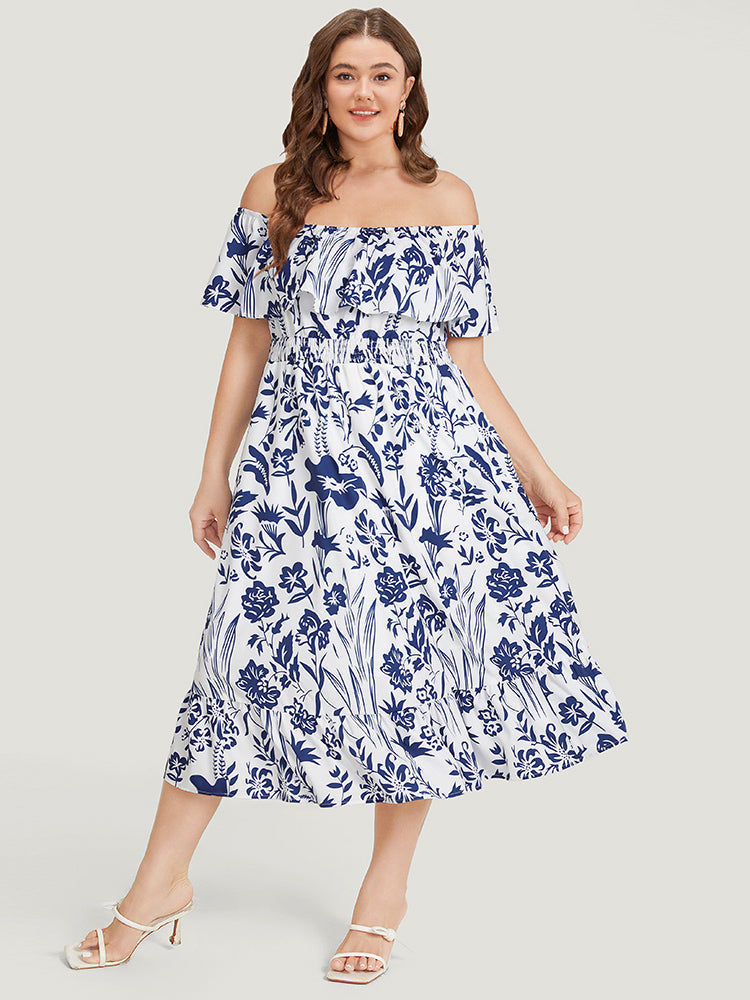 Floral Ruffle Trim Square Neck Shirred Pocket Dress