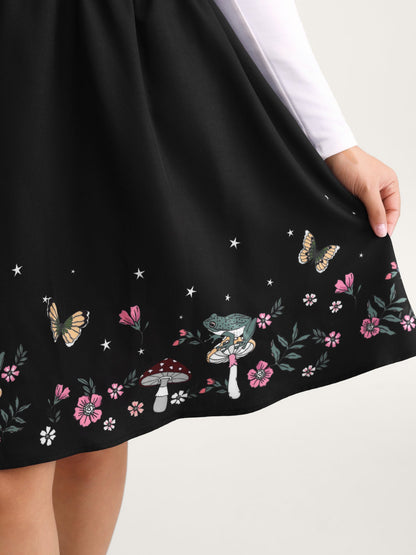 Mushroom Hem Print Adjustable Straps Skirt