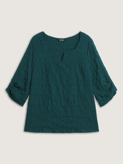 Textured Gathered Sleeve Solid Blouse