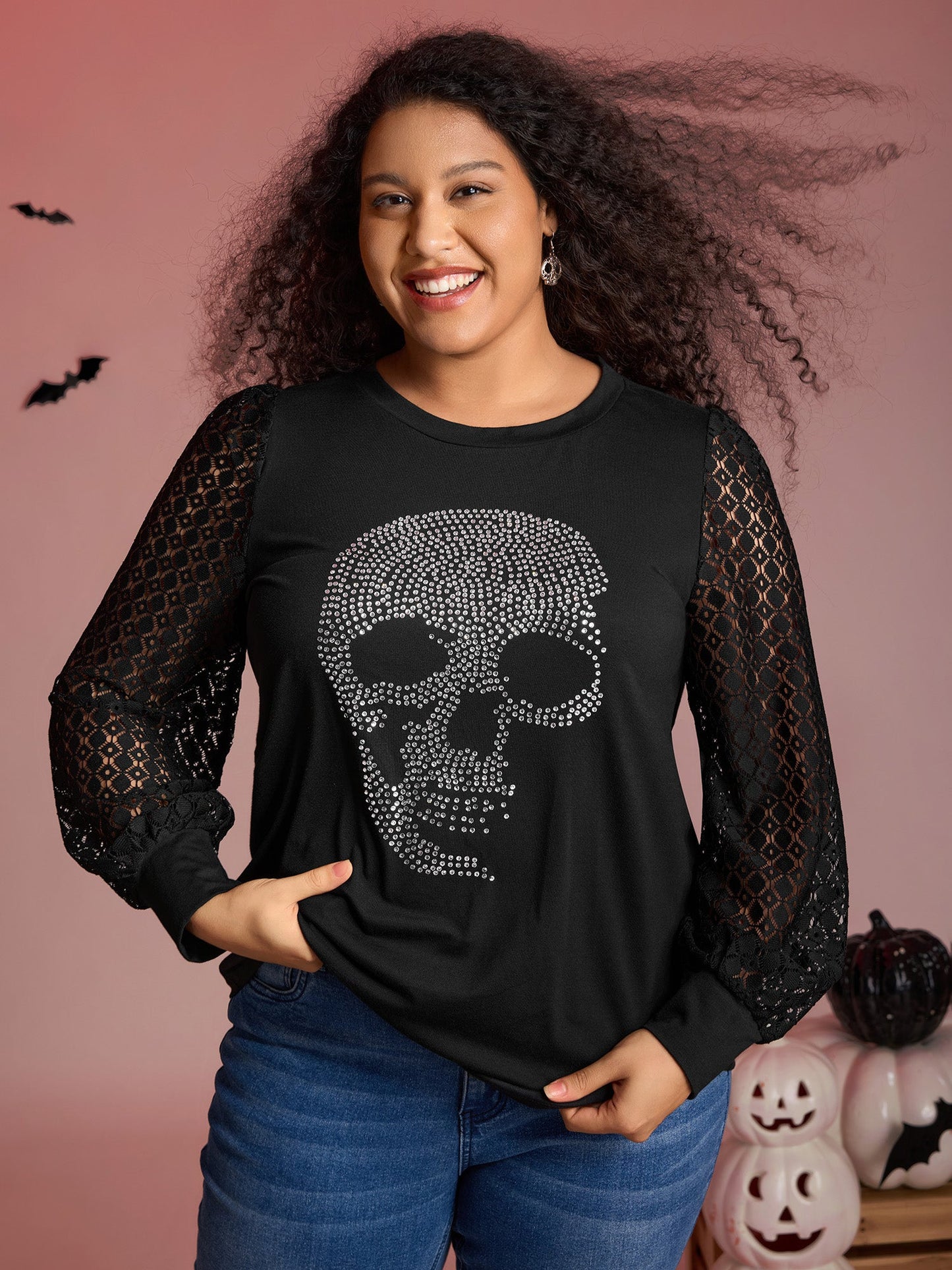 Halloween Skull Shimmery Rhinestones Lace T-Shirt