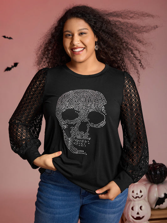 Halloween Skull Shimmery Rhinestones Lace T-Shirt