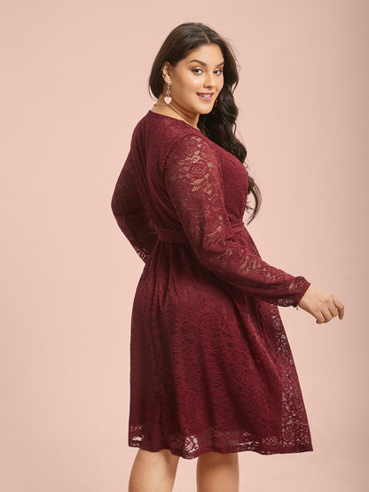 Crochet Lace Mesh Surplice Neck Belted Dress