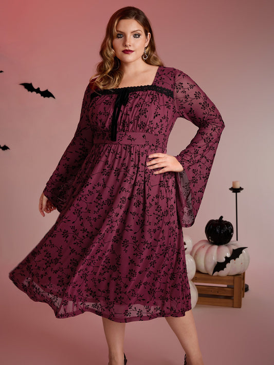 Floral Flocked Lace Cinched-Waist Midi Dress