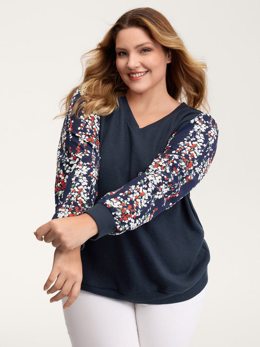 Textured Floral Sleeve V-Neck Sweatshirt