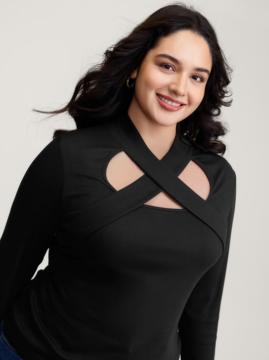 Crossover Cut-Out Neckline Fitted Top