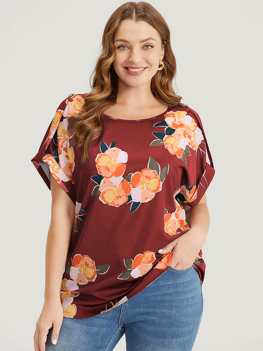 Floral Printed Roll Tab Sleeve Blouse