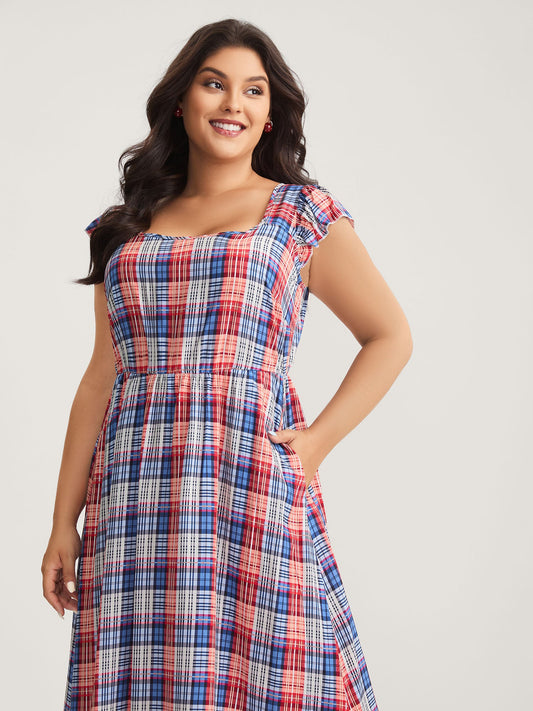 Plaid Print Flutter Sleeve Pockets Midi Dress