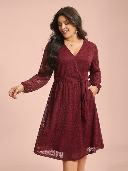 Crochet Lace Mesh Surplice Neck Belted Dress