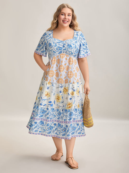 Contrast Print Ruched Tiered Midi Dress