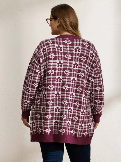 Supersoft Floral Checkered Pockets Knit Cardigan