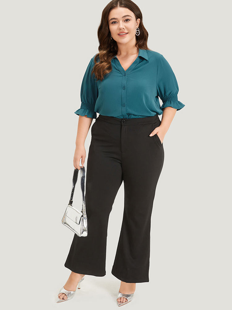 Plain Shirt Collar Shirred Button Up Ruffled Trim Blouse
