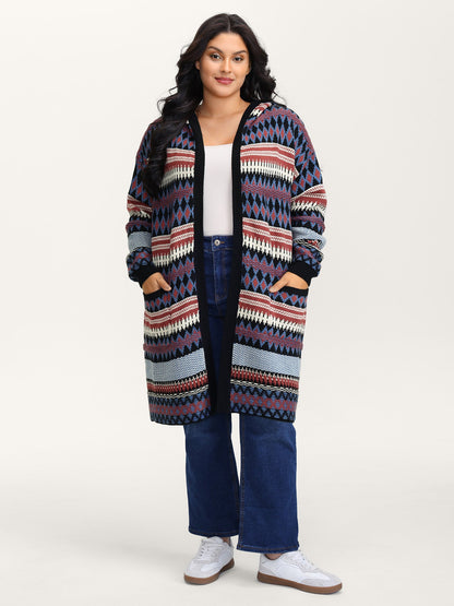 Boho Stripe Pockets Hooded Long Knit Cardigan
