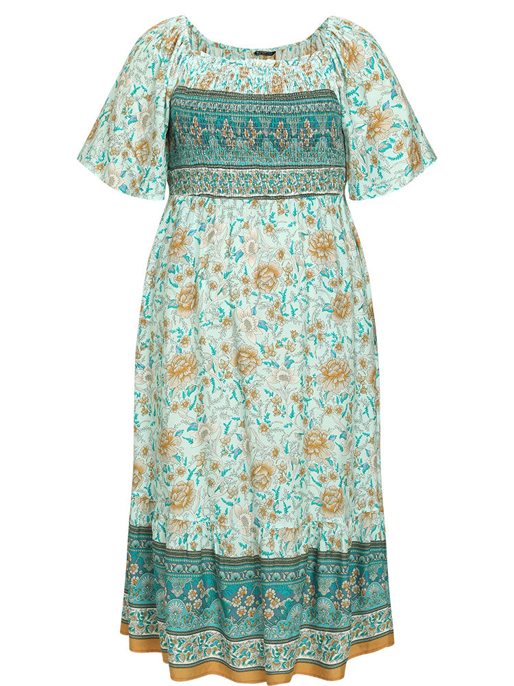 Floral Print Shirred Square Neck Dress